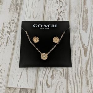 Coach Rose Gold Plated Open Circle Necklace And Tea Rose Stud Set